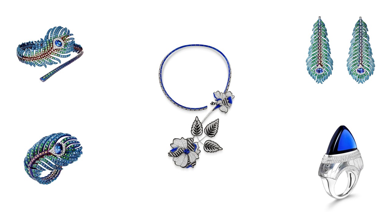 '플륌 드 펑(PLUME DE PAON)' 탄자나이트 링, 펜던트 이어링, 브레이슬릿 세트는 골드보다 세 배 더 가벼운 혁신적인 티타늄 소재를 사용하여 더욱 가벼운 무게감이 돋보인다. 원스 인 어 블루 문(ONCE IN A BLUE MOON) 네크리스는 1879년에 탄생한 잠금장치가 없는 최초의 하이 주얼리 퀘스천마크 네크리스를 재해석하여 완성했다.